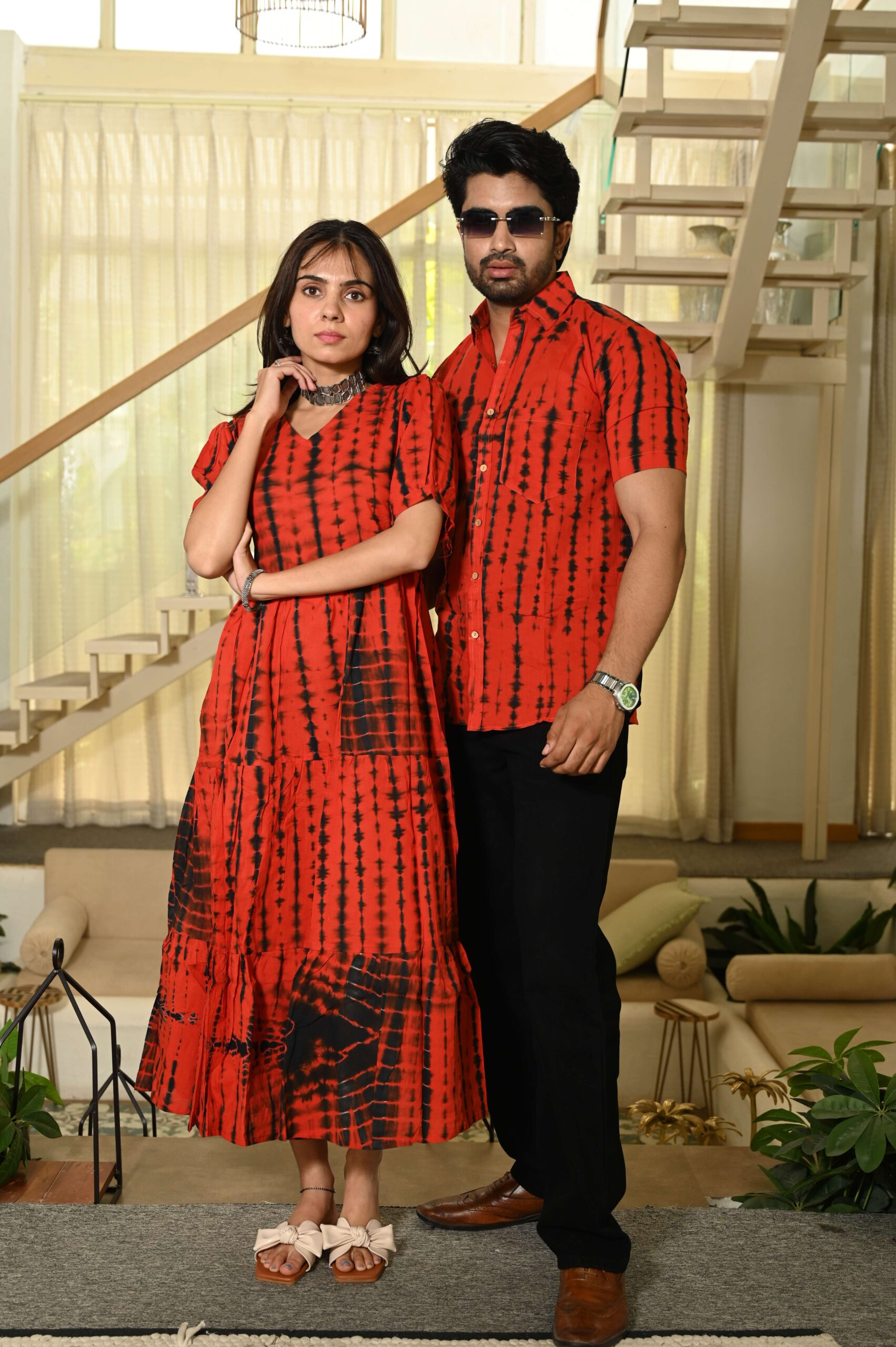 Couple Matching Red Printed Cotton Anarkali Midi Dress & Shirt Set ? Summer Casual Wear